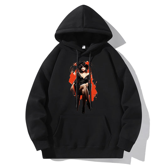 RIVER x ERIC®：Hooded Sweat-Woman Wearing Black Dress-350343