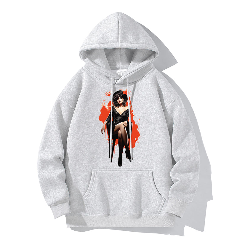RIVER x ERIC®：Hooded Sweat-Woman Wearing Black Dress-350343